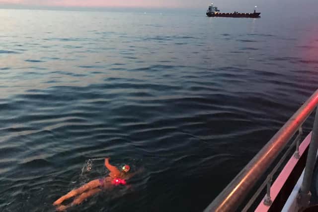 Sharon taking part in one of her legs of the Channel swim.