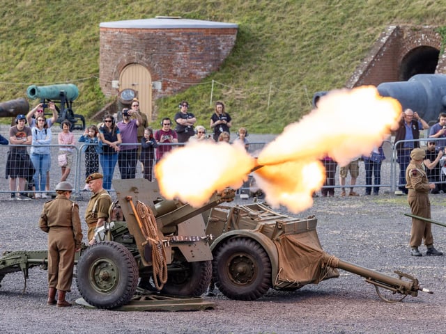 The ear shattering 25 pounder guns show their stuff at Fort Nelson's Firepower at the Fort historical re-enactment event in October.
Picture: Mike Cooter