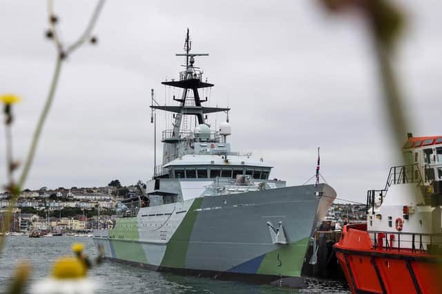 HMS Severn has emerged from Falmouth dry dock with her new paint Scheme. A dazzling western approach camouflage the second ship in the Royal Navy to receive the new paint. Picture: Royal Navy