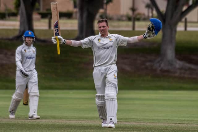 Fraser Hay celebrates his century for Gosnells against Waneroo