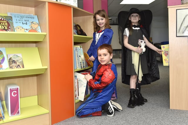 Pictured is: School librarians Benjamin Robertson (7), Ava Jarrold (7) and Beau King (7).
Picture: Sarah Standing (020323-656)