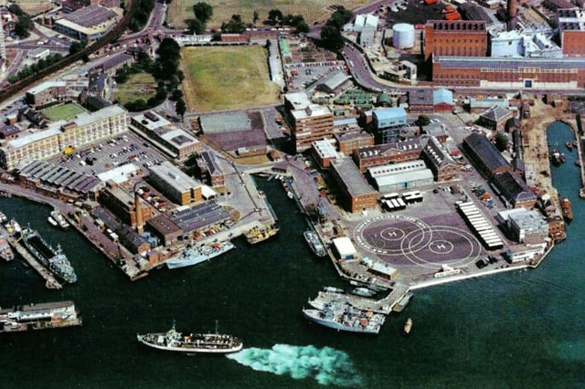 HMS Vernon in 1977. The helicopter landing pads were installed that year.