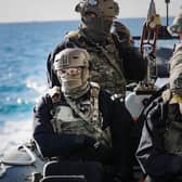 HMS Tamar conducted training exercises at sea with Royal Marines and a Wildcat helicopter.  HMS Tamar worked with HMS Echo in order to conduct Royal Marine boarding training as part of her work up prior to deploying.