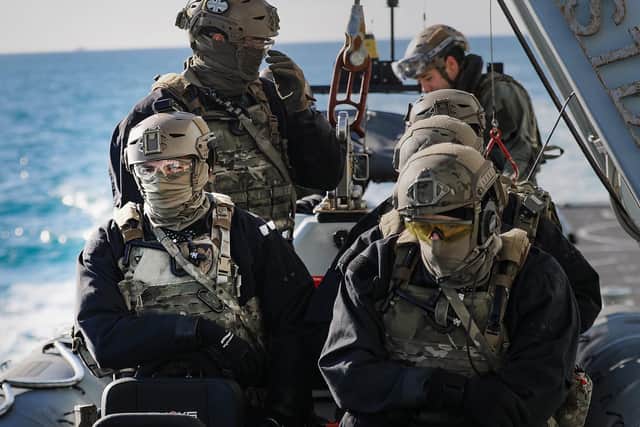 HMS Tamar conducted training exercises at sea with Royal Marines and a Wildcat helicopter.  HMS Tamar worked with HMS Echo in order to conduct Royal Marine boarding training as part of her work up prior to deploying.