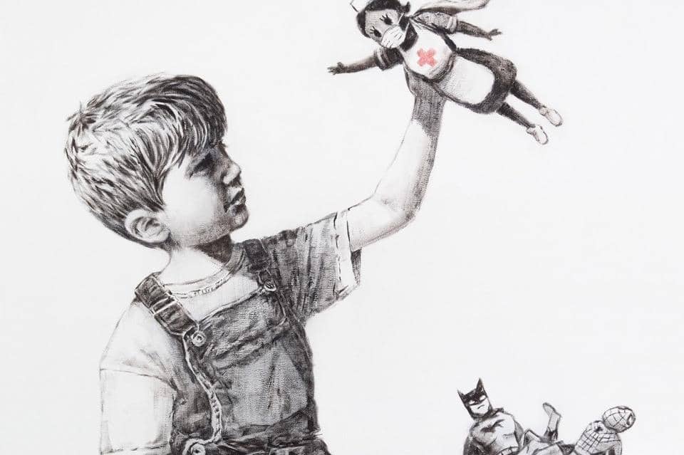 Handout image issued by the Instagram page of @banksy of a new artwork painted by Banksy during lockdown, which has gone on display in a hospital corridor. The piece, entitled Game Changer, is now on view to staff and patients on Level C of Southampton General Hospital. credit: @banksy/Instagram/PA Wire