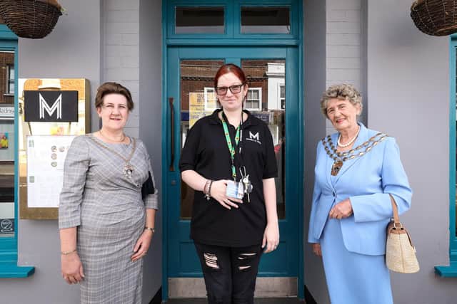 From left, Mayoress Cllr Louise Clubley, owner Sara Pollard-Dambach and Mayor of Fareham Cllr Pamela Bryant at the McDambi's opening 
Picture: Chris Moorhouse (jpns 240821-25)