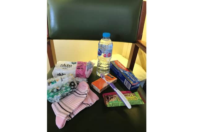 A young girl named Sophie, 8, saved up her pocket money to buy gifts for people living in the homeless pods in Gosport. Pictured: One of the gift bag's contents
