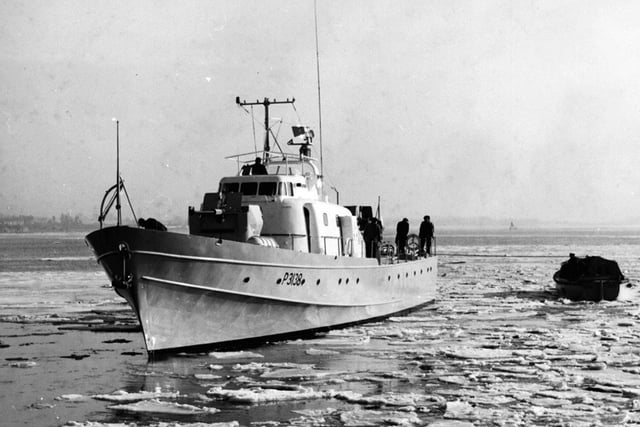 Seen returning to Portchester through the ice in the 1963 winter is the Malaysian patrol boat K.D. Sri Kedah.
