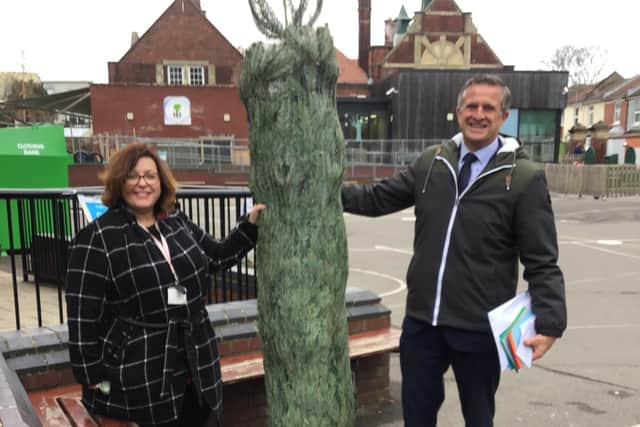 Milton Park Primary School staff member, Stephanie Hall, and Leaders Estate Agents Southsea branch manager, Dave Sibley.