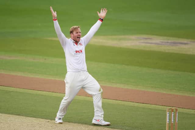 Simon Harmer has taken 28 Bob Willis Trophy wickets in just three matches. Photo by Alex Davidson/Getty Images.