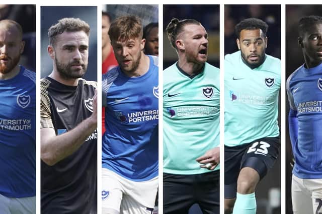 Out-of-contract Pompey players (from left-right): Connor Ogilvie, Clark Robertson, Michael Jacobs, Ryan Tunnicliffe, Louis Thompson, and Jay Mingi.