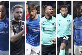 Out-of-contract Pompey players (from left-right): Connor Ogilvie, Clark Robertson, Michael Jacobs, Ryan Tunnicliffe, Louis Thompson, and Jay Mingi.