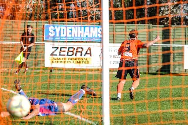 Charlie Bell has just scored Portchester's early winner. Picture by Daniel Haswell