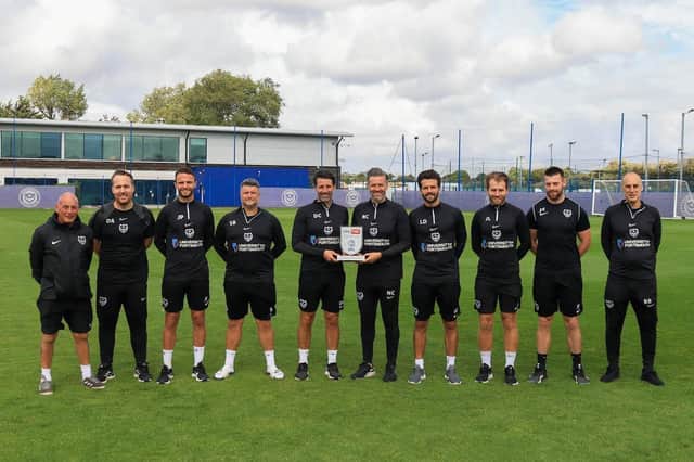 Danny Cowley requested his Pompey backroom team were also present when he was officially presented with the Sky Bet League One Manager of the Month for August.