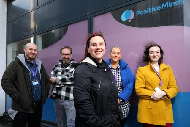 Solent Minds staff, from left, Pete Downton, Phil Vickers, team leader Anna Fiers, Kirsty Hill and Deyzi Bailey. Positive Minds are launching a survey to see what support is needed for LGBTQIA+ people aged over 18 in Portsmouth. Pictured at Melbourne Place, Portsmouth
Picture: Chris Moorhouse (jpns 160222-03)