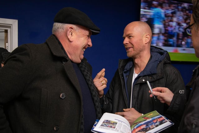 Kev the Kitman having a laugh with the Ninja Turtle and former Pompey skipper Johnny Ertl.