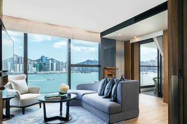A sea view room at The Kerry Hotel, part of the Shangri-La chain, looking out over Victoria Harbour.