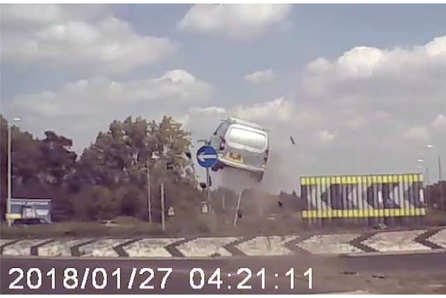 The van 'took off' from a roundabout on the A11 at Attleborough, Norfolk (Photo: SWNS)