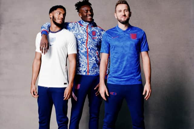 Joe Gomez, Tammy Abraham and Harry Kane model the new England kits (Nike)