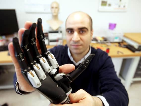 Dr. Kianoush Nazarpour from Newcastle University's Biomedical Engineering department with a new bionic hand