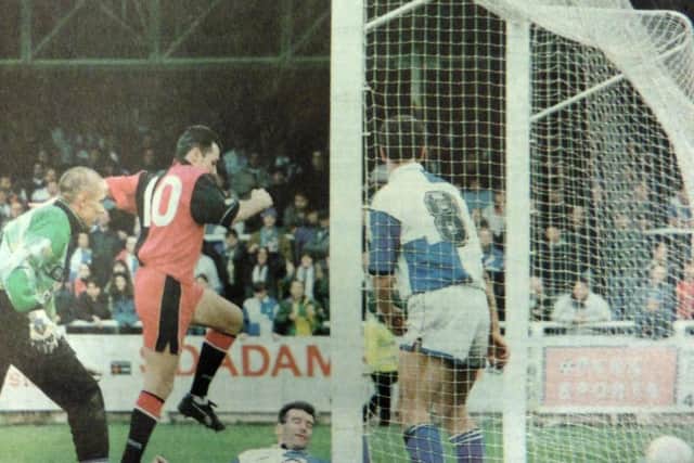 Guy Whittingham scores for Pompey in their 2-1 victory at Bristol Rovers in 1993