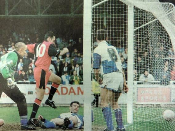Guy Whittingham scores for Pompey in their 2-1 victory at Bristol Rovers in 1993