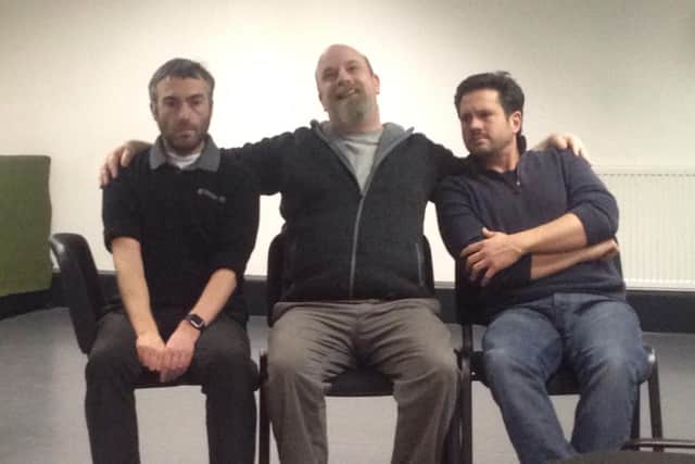 Harvey by HumDrum. From left: Rob Scott as Wilson, Ben Counter as Elwood P. Dowd and Tim Sturton-Davies as Dr Sanderson.
