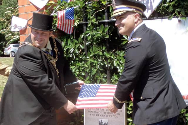 Councillor Lee Mason, the Lord Mayor of Portsmouth and Major Mangiaracina of the US Army Air Corp unveil the plaque at St Jamess Hospital. Picture: Robert James