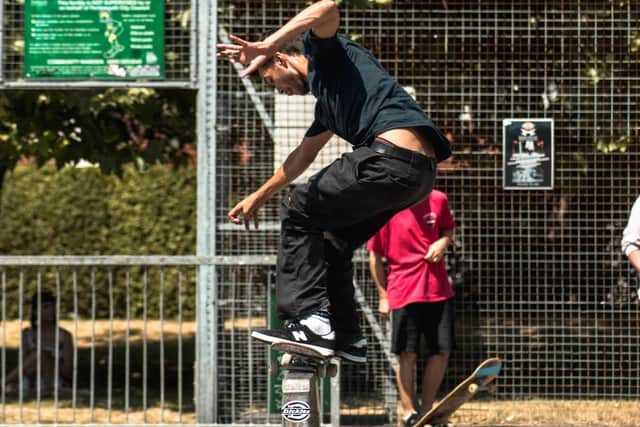 Pro-skater Tom Knox grinds at the post-meet and greet skate in Milton on Saturday. Picture: Jake Dicks