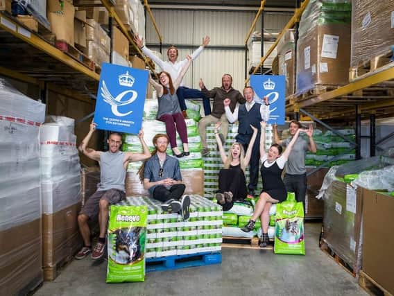 The directors and staff of pet food company Benevo at their Havant premises. Benevo Vegan Pet Foods, the UKs best selling vegan dog food brand, has received a prestigious Queens Award for Enterprise for International Trade.
