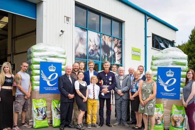 The directors and staff of pet food company Benevo at their Havant premises with the Lord Lieutenant of Hampshire, Sir Nigel Atkinson, the Mayor of Havant, Councillor Peter Wade and the Deputy Mayor, Councillor Diana Patrick. Benevo Vegan Pet Foods, the UKs best selling vegan dog food brand, has received a prestigious Queens Award for Enterprise for International Trade.