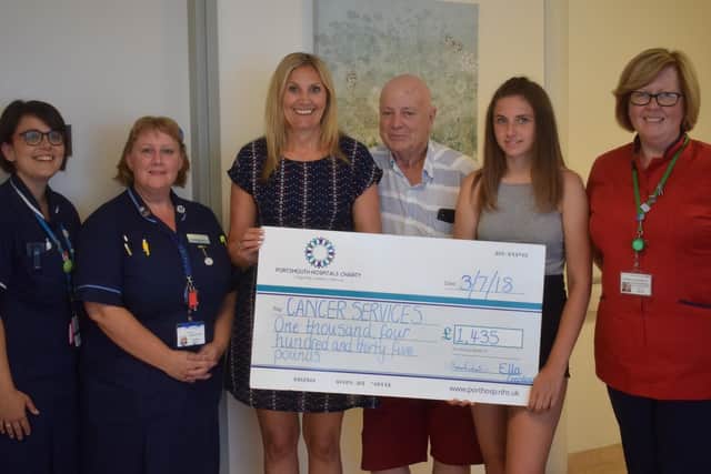 From left, Dani White, matron for haematology and oncology, Heather Narey, unit manager for surgery and cancer, Hannah Goodacre, Barry Goodacre, Ella Goodacre, Ruth Carter, head of nursing for surgery and cancer and trust lead cancer nurse