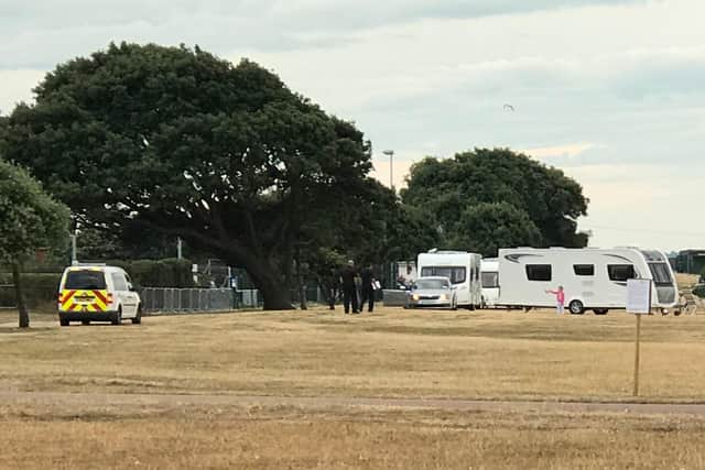 Portsmouth City Council officials meet with travellers at Southsea Common on Friday July 27. Picture: John Palmer