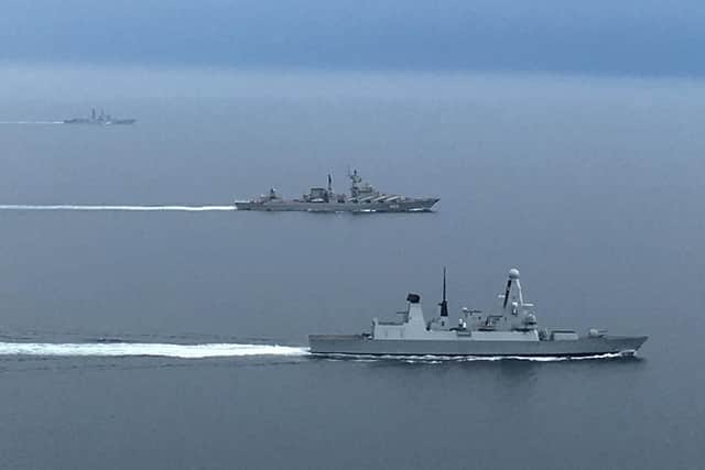 HMS Diamond shadows the Russian destroyer Severomorsk and cruiser Marshal Ustinov as they passed through the UKs area of interest on August 7. Picture: Royal Navy