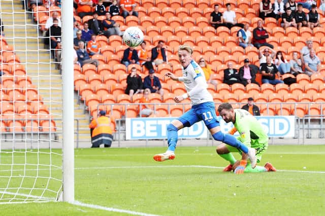 Ronan Curtis gives Pompey the lead at Blackpool. Picture: Joe Pepler
