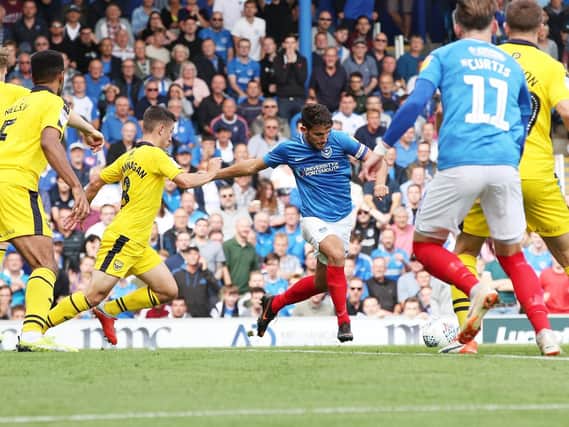 Gareth Evans opens the scoring for Pompey against Oxford United. Picture: Joe Pepler