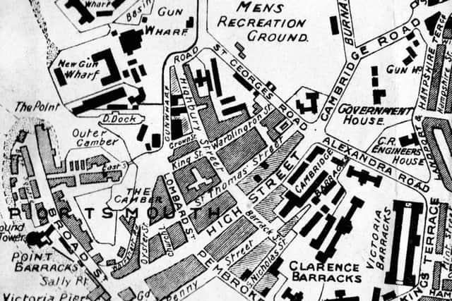A map of Old Portsmouth from 1911 showing the many army barracks there were then in the old town.