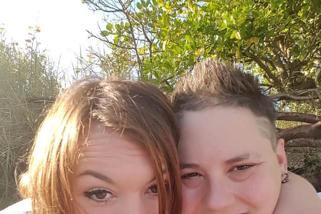 Sarah Nash, left, with fiance Louise Huntley-Mitchell at Milton Locks Nature Reserve, where the pair got engaged