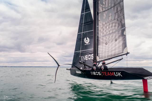 Ben Ainslie and Leigh McMillan sail T5 during a testing session on the Solent. Picture: Harry KH / INEOS TEAM UK