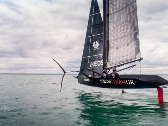 Ben Ainslie and Leigh McMillan sail T5 during a testing session on the Solent. Picture: Harry KH / INEOS TEAM UK