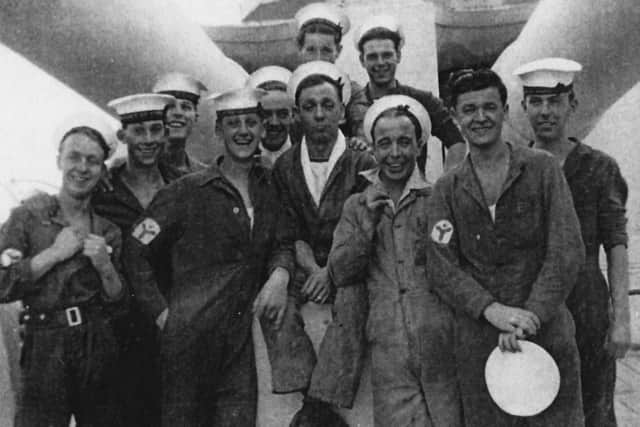 Stokers from 68 Mess, HMS Duke of York, 1947. Dave Aldous is fifth from the left.