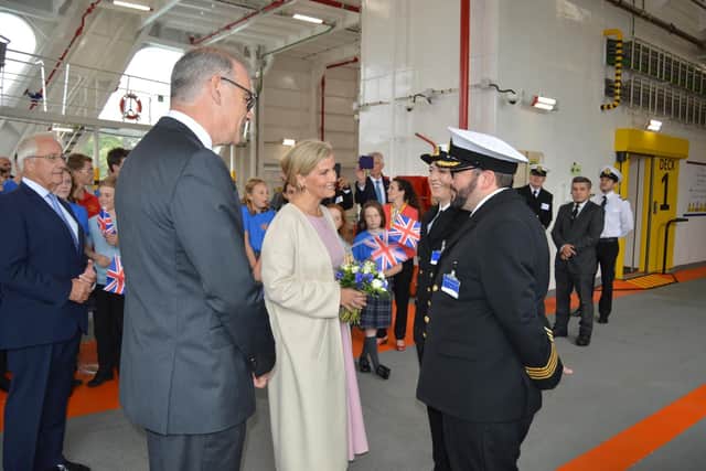 HRH the Countess of Wessex with Wightlink CEO Keith Greenfield, left, meet and greet dignitaries aboard the Victoria of Wight. Picture: David George