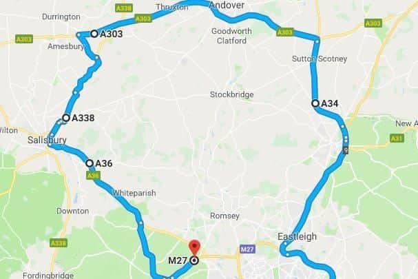 Highways England's suggested M27 westbound 60 mile diversion. Picture: Google Maps