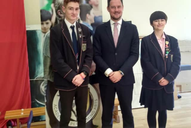 Portsmouth South MP Stephen Morgan alongside head boy Ruben Stitson, 15, and head girl Tabitha John, 15.