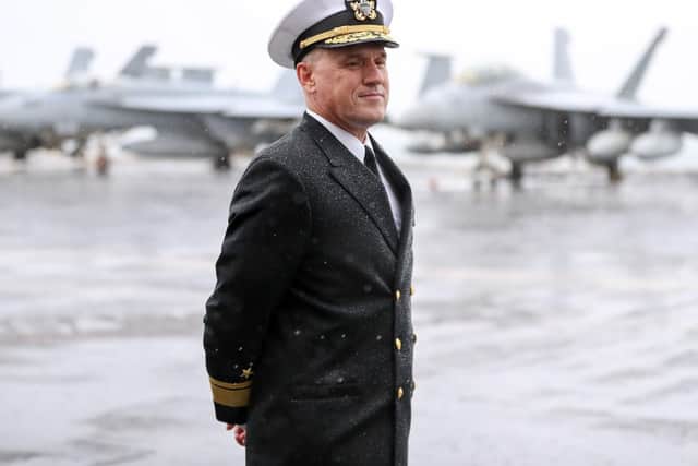 Rear Admiral Eugene H. "Gene" Black, Commander, Carrier Strike Group 8, on board the US Nimitz-class aircraft carrier USS Harry S. Truman, following its arrival into Stokes Bay