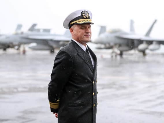 Rear Admiral Eugene H. "Gene" Black, Commander, Carrier Strike Group 8, on board the US Nimitz-class aircraft carrier USS Harry S. Truman, following its arrival into Stokes Bay
