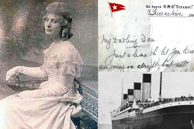 Clockwise, from left, Roberta Maioni, maid to the Countess of Rothes, who praised Charles Crumplin's heroism, one of Charles' letters home and the Titanic Pic: HAldridge/BNPS