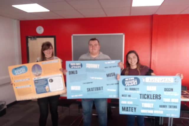 Left to right - Anna Morel ,17, Joe Cobbold, 18 and Abiie Spratt, 17, along with work looking into Portsmouth's dialect.
