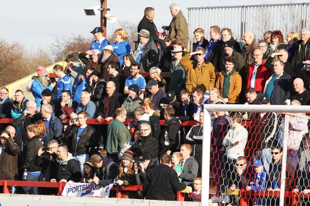 Pompey fans at Accrington's Crown Ground in 2015
