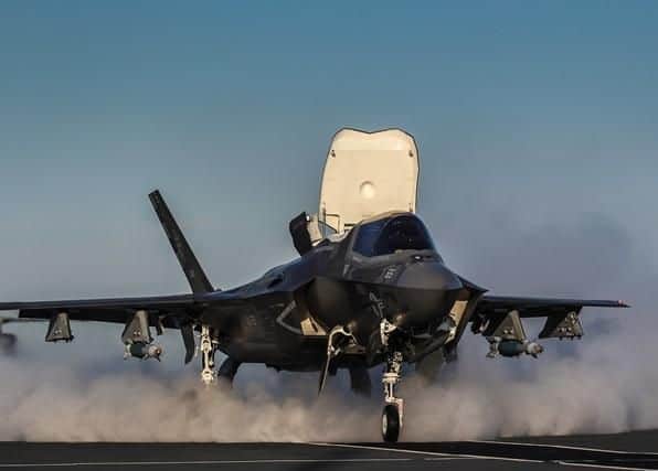 F-35 jets have dropped the first test bombs from HMS Queen Elizabeth. Picture: Royal Navy